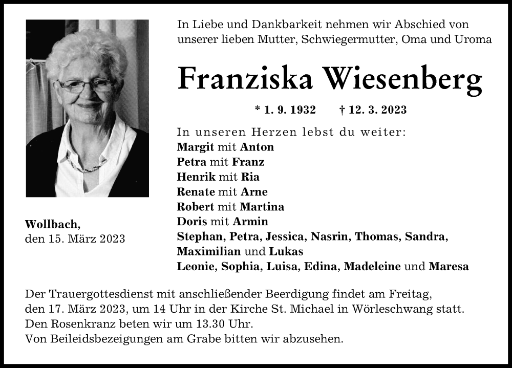 Traueranzeige von Franziska Wiesenberg von Augsburg-Land