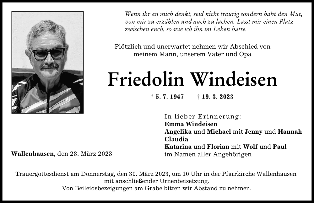 Traueranzeige für Friedolin Windeisen vom 28.03.2023 aus Neu-Ulmer Zeitung