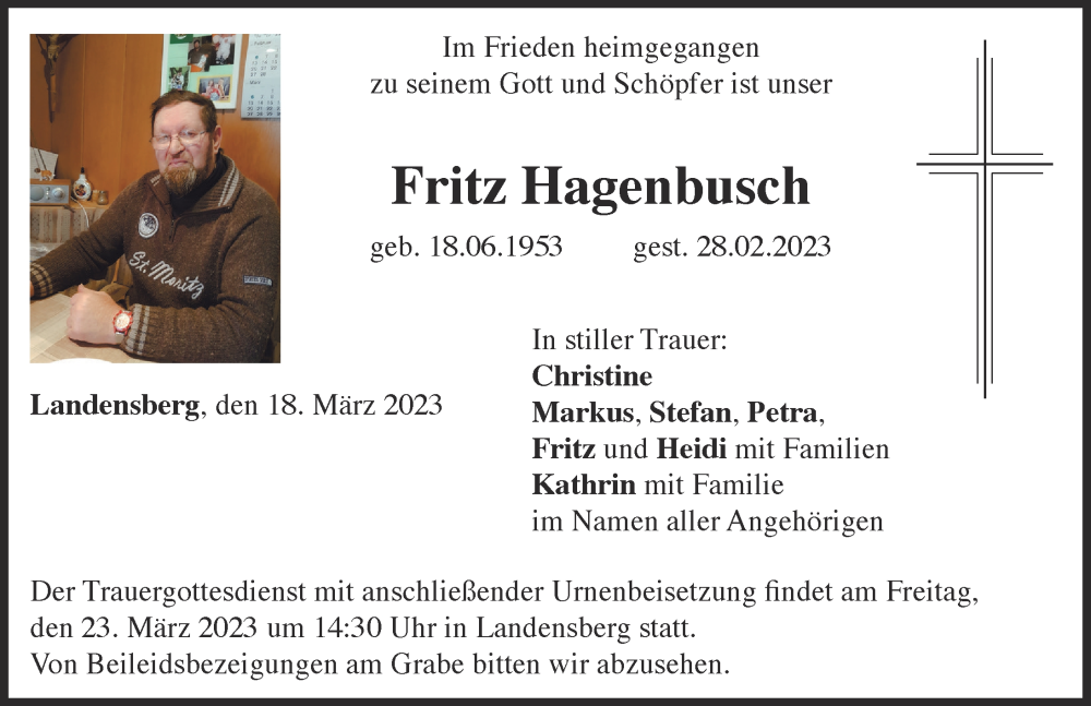  Traueranzeige für Fritz Hagenbusch vom 18.03.2023 aus Augsburg-Land, Günzburger Zeitung