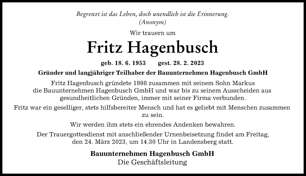  Traueranzeige für Fritz Hagenbusch vom 21.03.2023 aus Augsburg-Land, Günzburger Zeitung