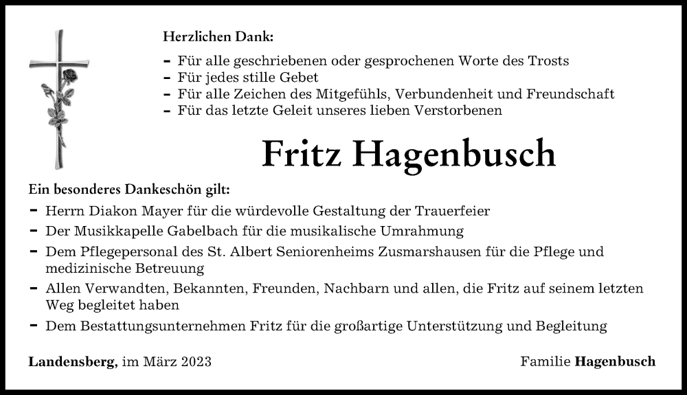  Traueranzeige für Fritz Hagenbusch vom 30.03.2023 aus Augsburg-Land, Günzburger Zeitung