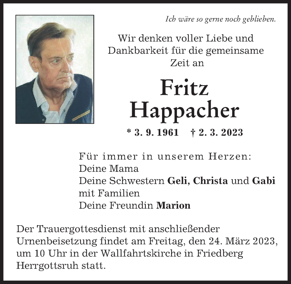  Traueranzeige für Fritz Happacher vom 18.03.2023 aus Friedberger Allgemeine, Augsburger Allgemeine