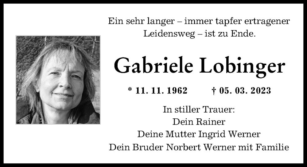  Traueranzeige für Gabriele Lobinger vom 18.03.2023 aus Augsburger Allgemeine