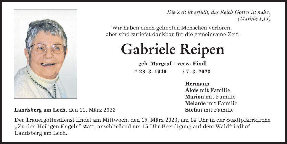 Traueranzeige von Gabriele Reipen von Landsberger Tagblatt