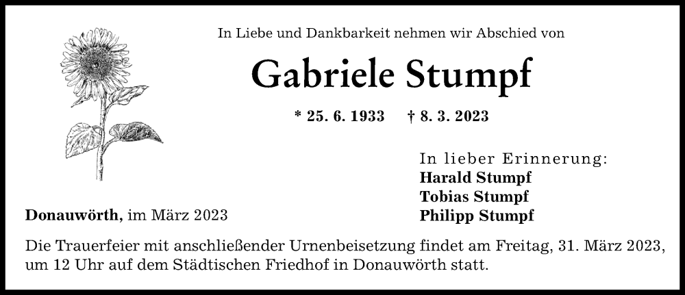 Traueranzeige von Gabriele Stumpf von Donauwörther Zeitung