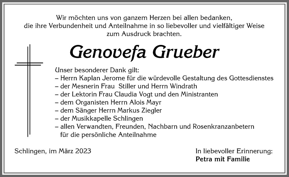 Traueranzeige von Genovefa Grueber von Mindelheimer Zeitung