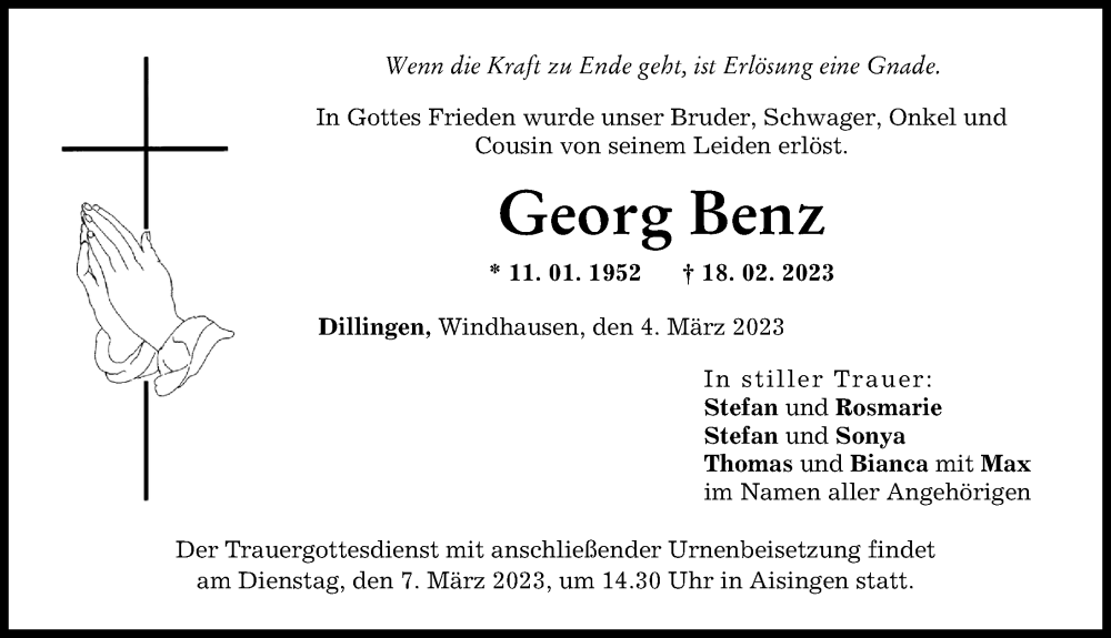 Traueranzeige von Georg Benz von Donau Zeitung