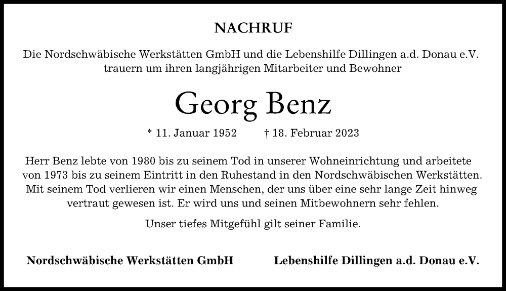 Traueranzeige von Georg Benz von Donau Zeitung