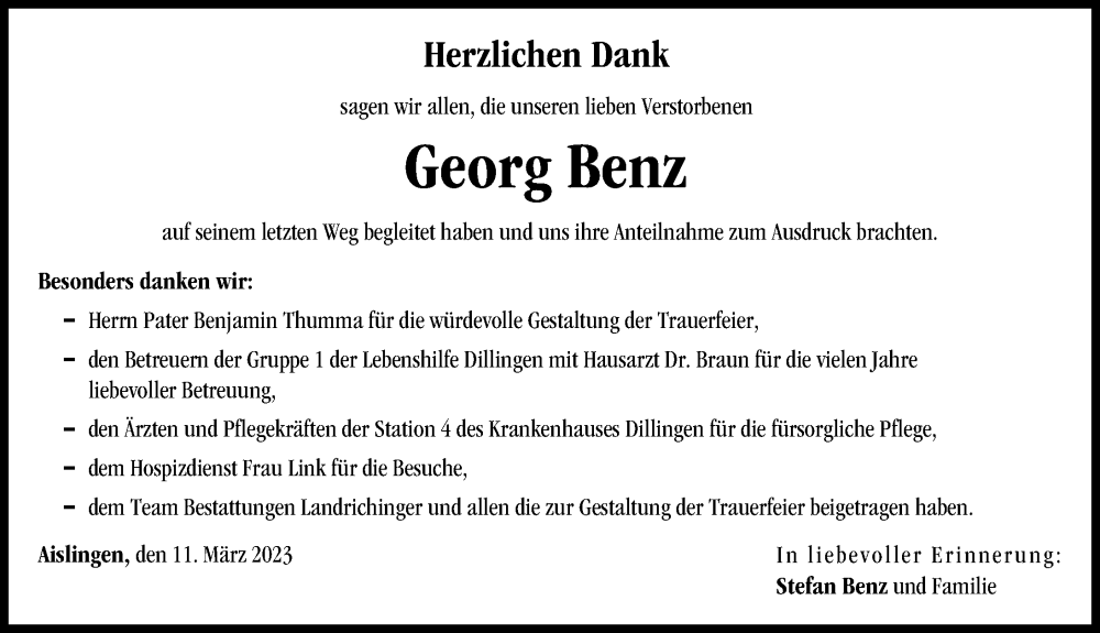 Traueranzeige von Georg Benz von Donau Zeitung