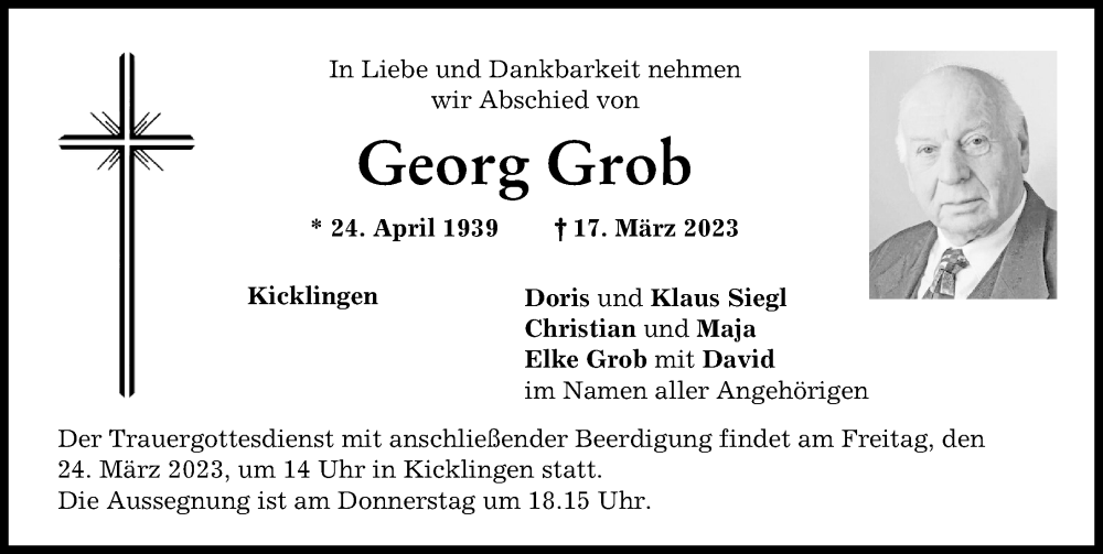  Traueranzeige für Georg Grob vom 21.03.2023 aus Donau Zeitung