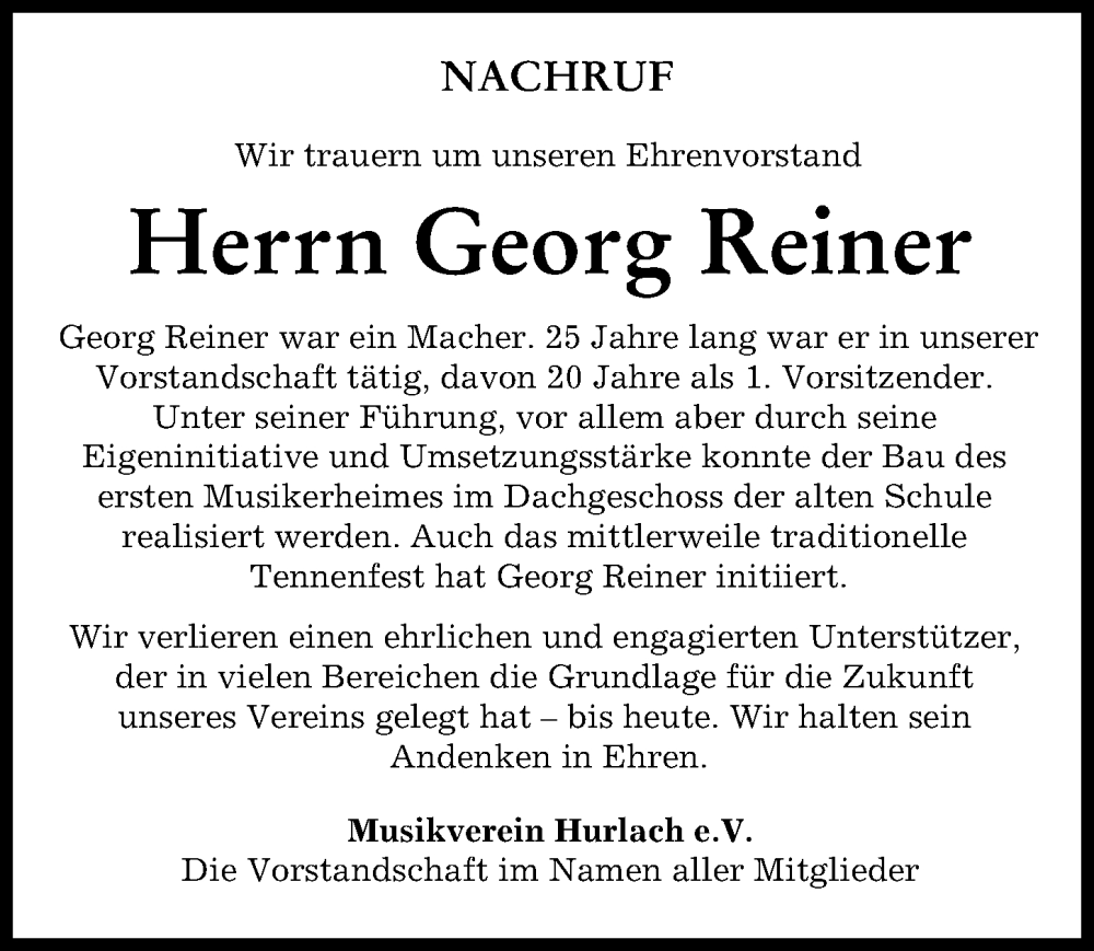 Traueranzeige von Georg Reiner von Landsberger Tagblatt