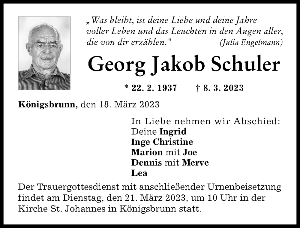 Traueranzeige von Georg Jakob Schuler von Schwabmünchner Allgemeine