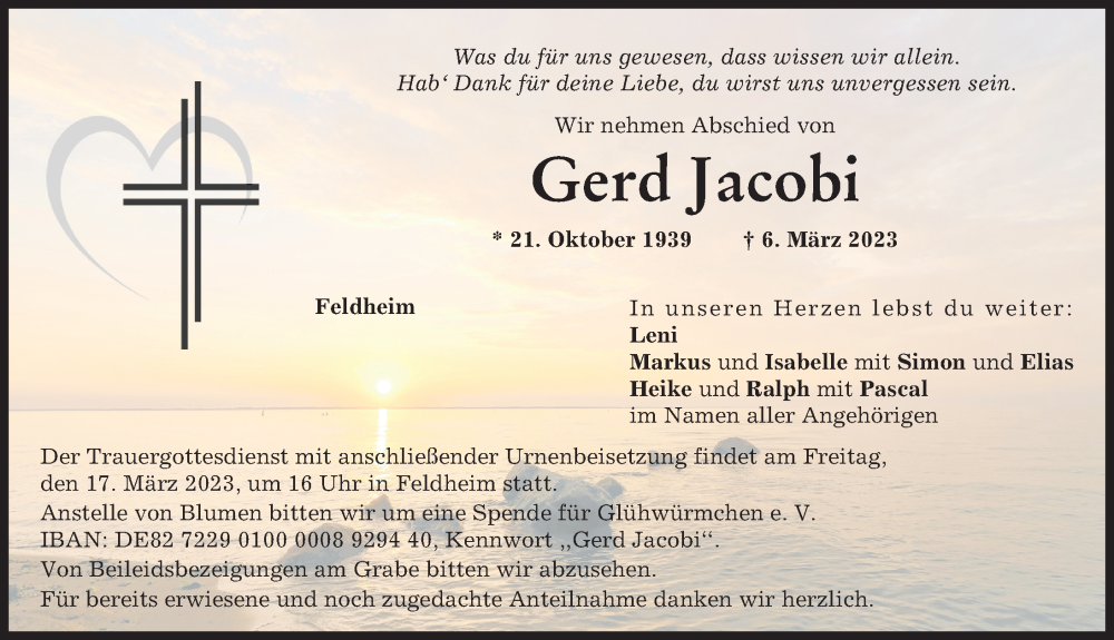  Traueranzeige für Gerd Jacobi vom 14.03.2023 aus Donauwörther Zeitung