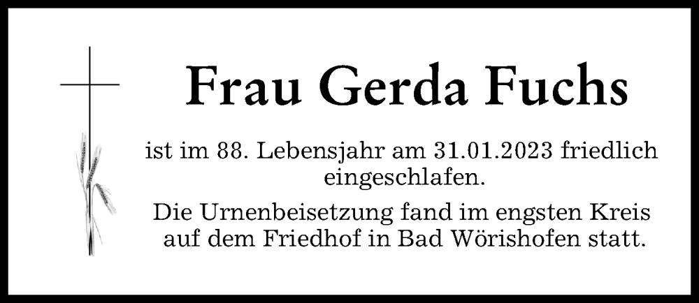 Traueranzeige von Gerda Fuchs von Mindelheimer Zeitung