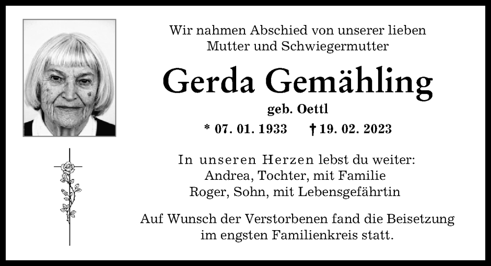 Traueranzeige von Gerda Gemähling von Augsburger Allgemeine