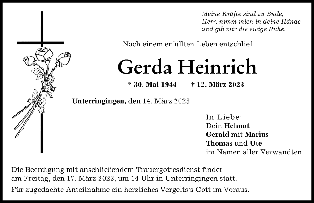  Traueranzeige für Gerda Heinrich vom 14.03.2023 aus Rieser Nachrichten