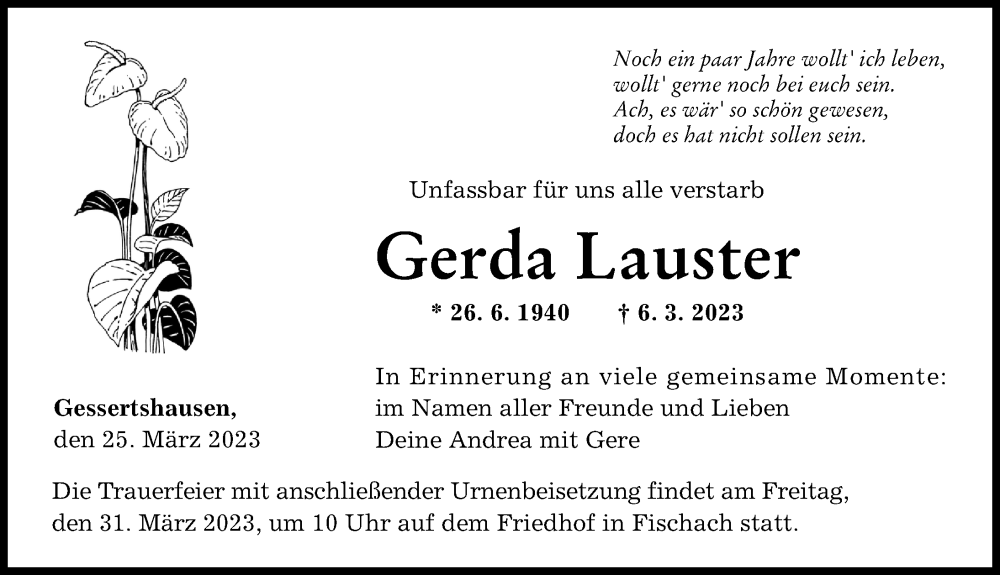  Traueranzeige für Gerda Lauster vom 25.03.2023 aus Augsburger Allgemeine