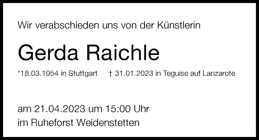 Traueranzeige für Gerda Raichle vom 25.03.2023 aus Neu-Ulmer Zeitung