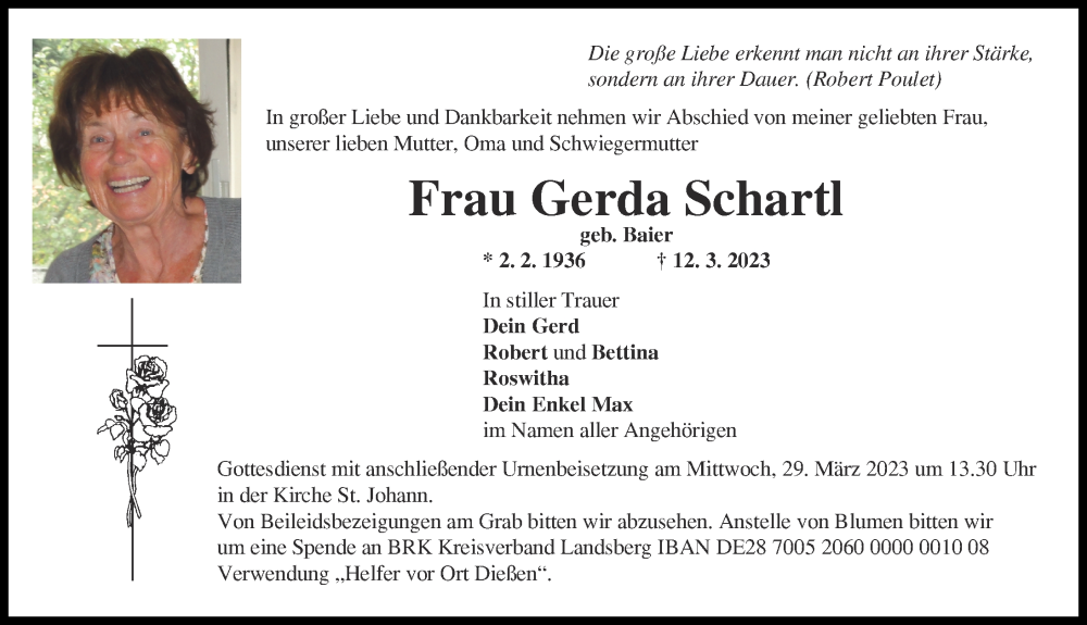  Traueranzeige für Gerda Schartl vom 24.03.2023 aus Ammersee Kurier
