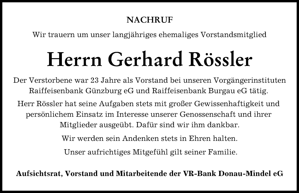 Traueranzeige von Gerhard Rössler von Günzburger Zeitung