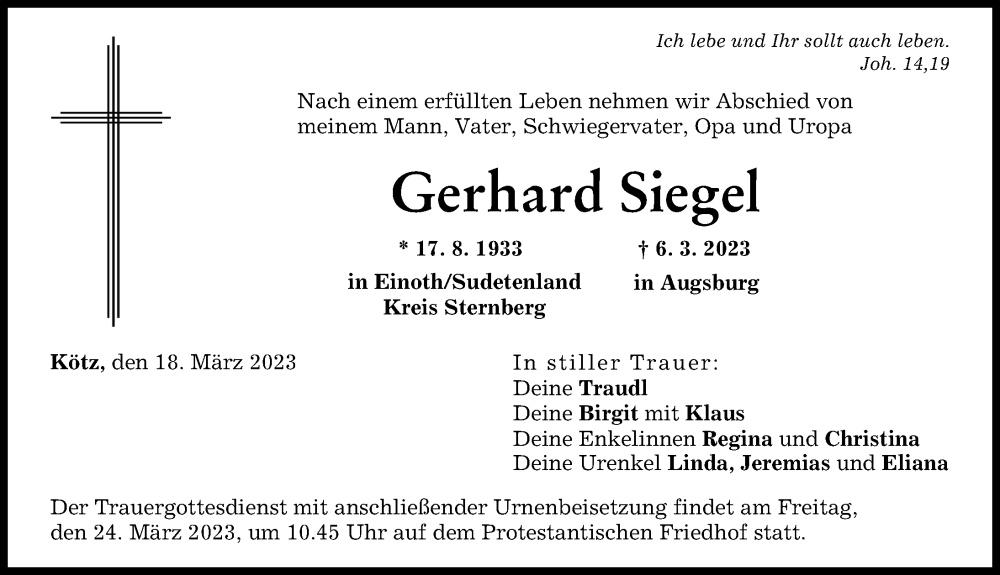  Traueranzeige für Gerhard Siegel vom 18.03.2023 aus Günzburger Zeitung