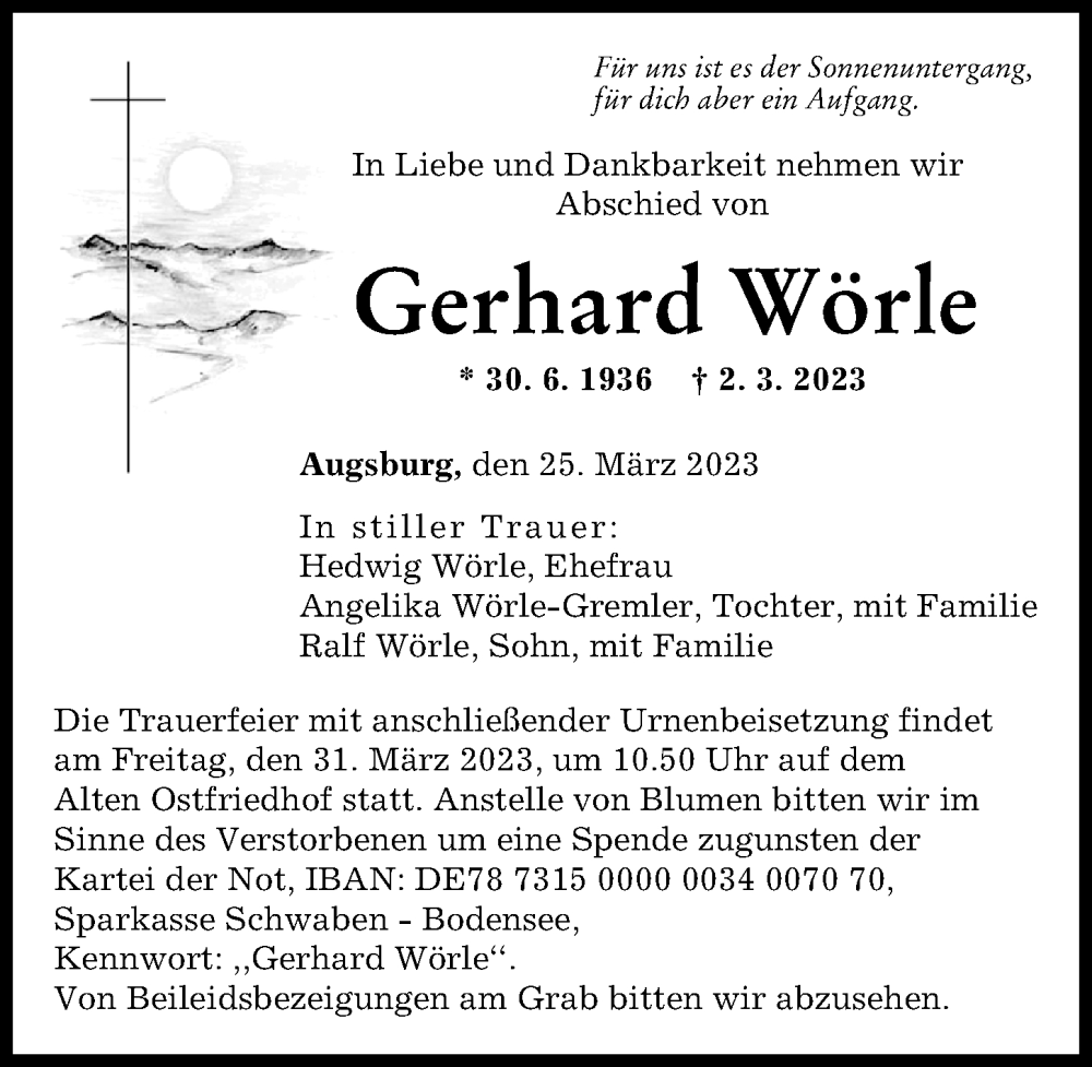  Traueranzeige für Gerhard Wörle vom 25.03.2023 aus Augsburger Allgemeine
