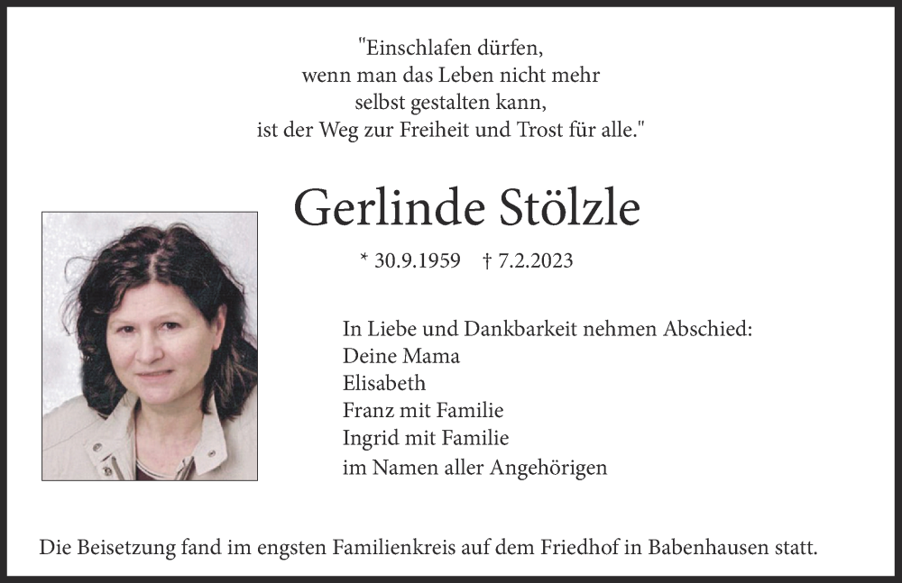 Traueranzeigen von Gerlinde Stölzle | Augsburger Allgemeine Zeitung