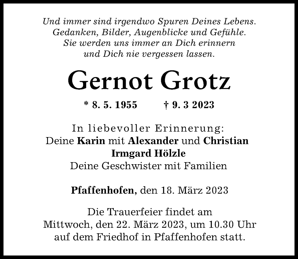  Traueranzeige für Gernot Grotz vom 18.03.2023 aus Neu-Ulmer Zeitung
