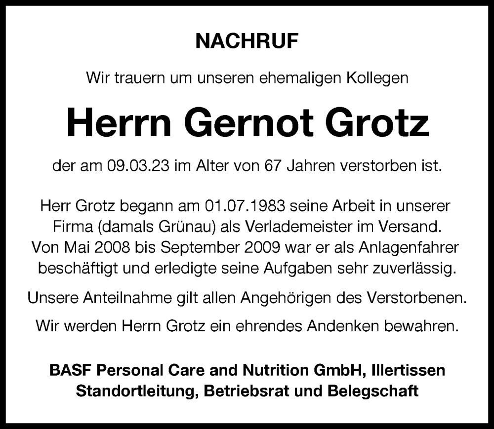  Traueranzeige für Gernot Grotz vom 23.03.2023 aus Illertisser Zeitung