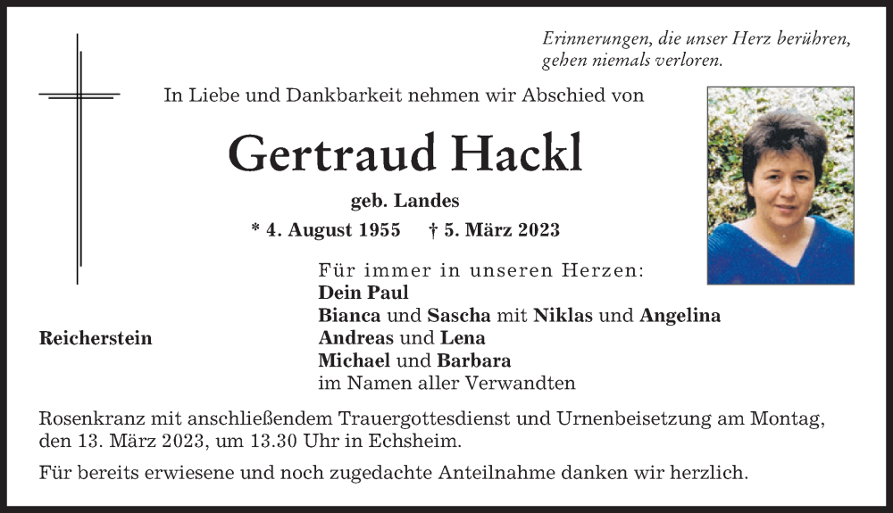 Traueranzeige von Gertraud Hackl von Neuburger Rundschau, Aichacher Nachrichten