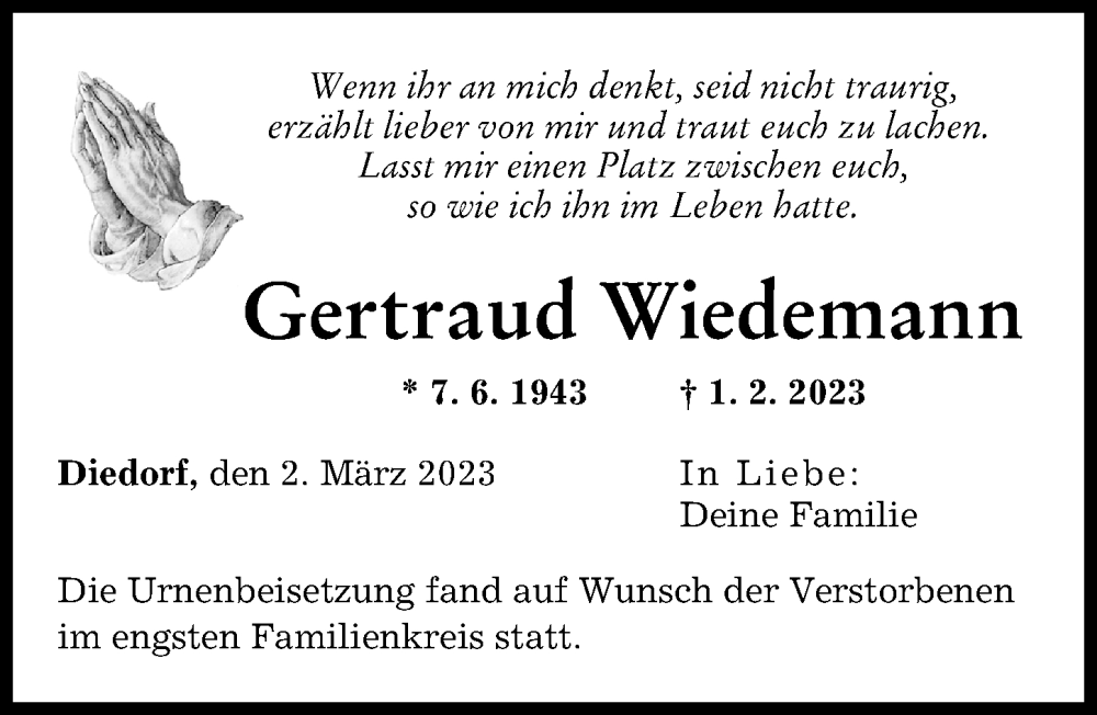 Traueranzeige von Gertraud Wiedemann von Augsburger Allgemeine