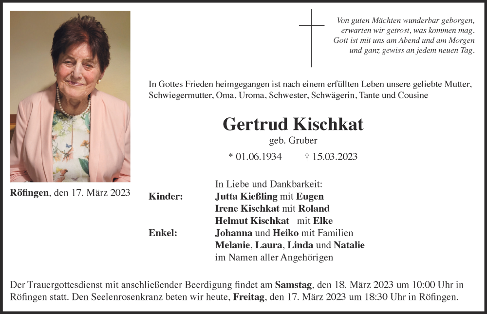  Traueranzeige für Gertrud Kischkat vom 17.03.2023 aus Günzburger Zeitung