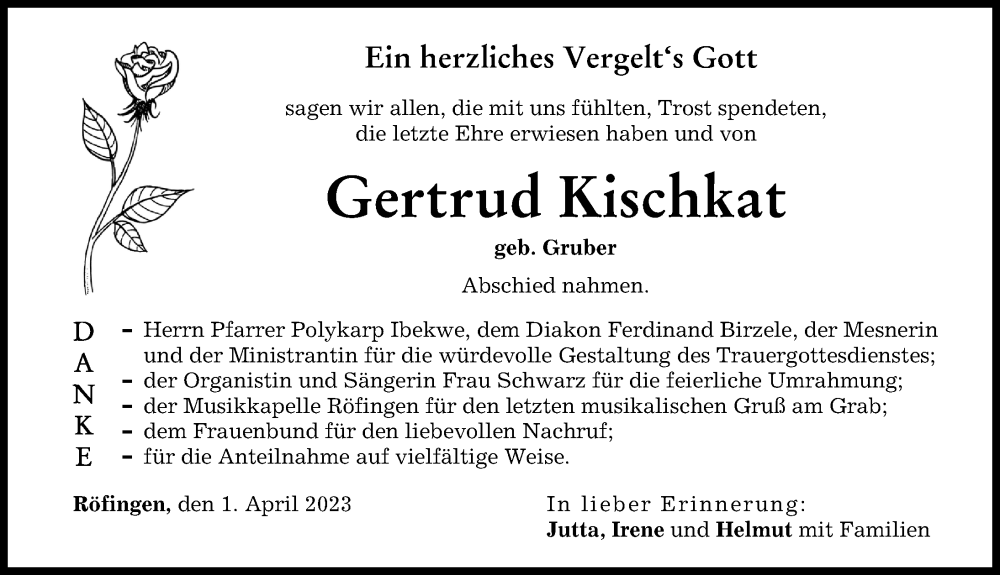  Traueranzeige für Gertrud Kischkat vom 01.04.2023 aus Günzburger Zeitung
