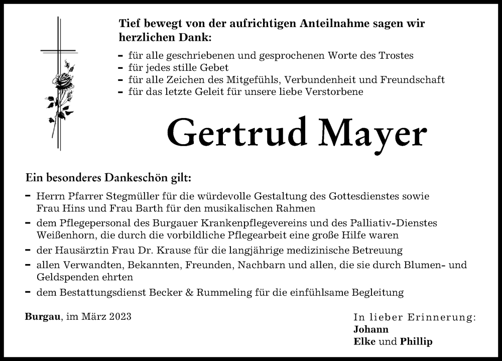  Traueranzeige für Gertrud Mayer vom 25.03.2023 aus Günzburger Zeitung