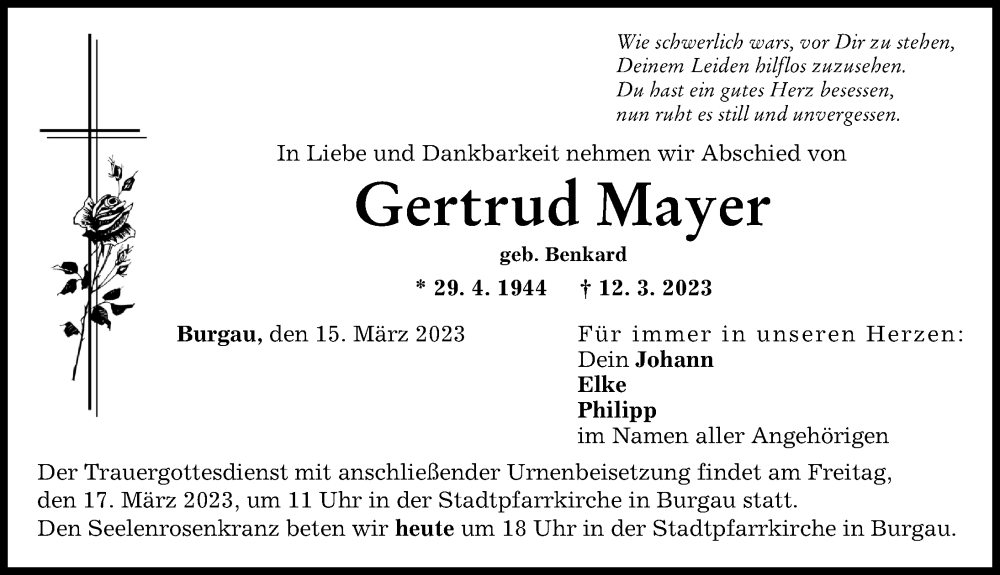  Traueranzeige für Gertrud Mayer vom 15.03.2023 aus Günzburger Zeitung