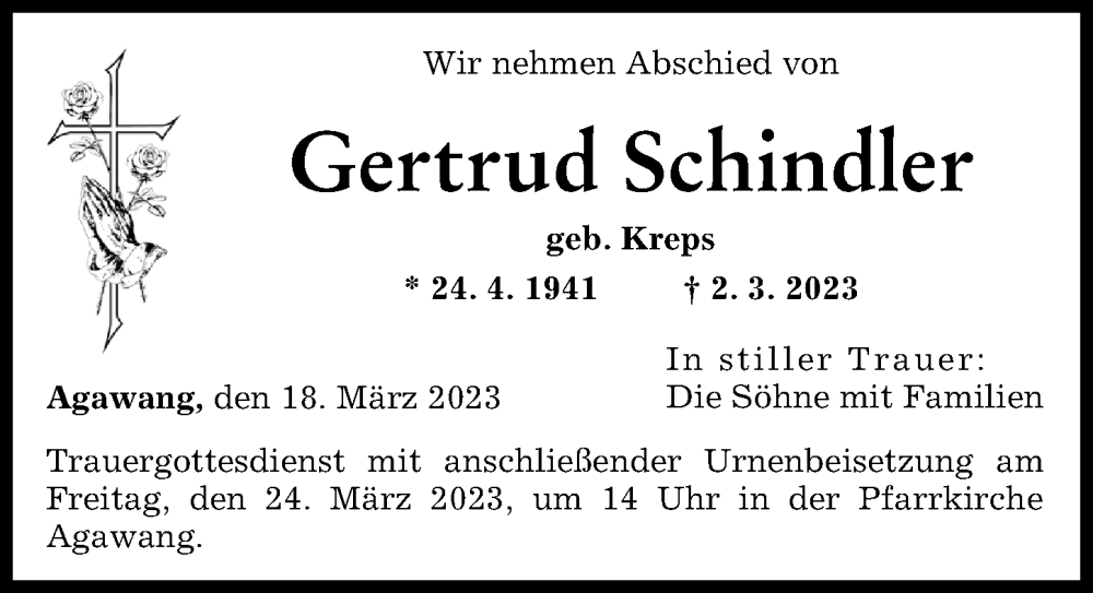  Traueranzeige für Gertrud Schindler vom 18.03.2023 aus Augsburg-Land