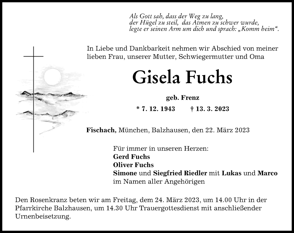  Traueranzeige für Gisela Fuchs vom 22.03.2023 aus Mittelschwäbische Nachrichten