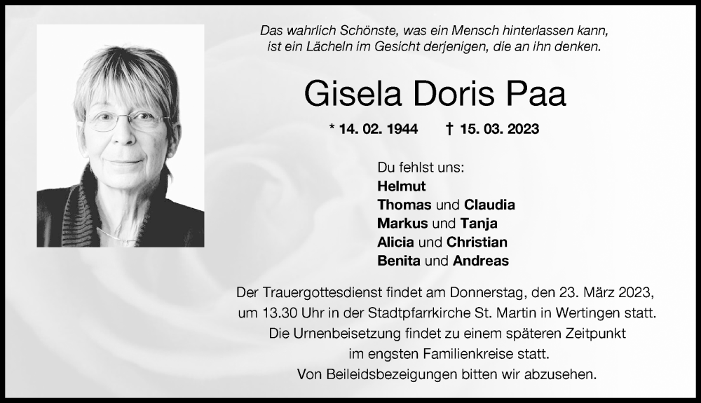  Traueranzeige für Gisela Doris Paa vom 18.03.2023 aus Wertinger Zeitung
