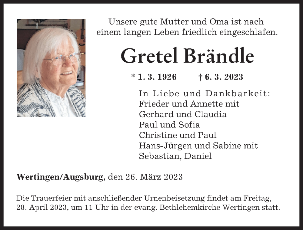 Traueranzeige von Gretel Brändle von Augsburger Allgemeine