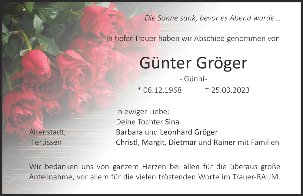  Traueranzeige für Günter Gröger vom 31.03.2023 aus Illertisser Zeitung