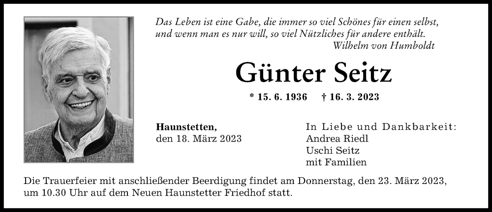  Traueranzeige für Günter Seitz vom 18.03.2023 aus Augsburger Allgemeine