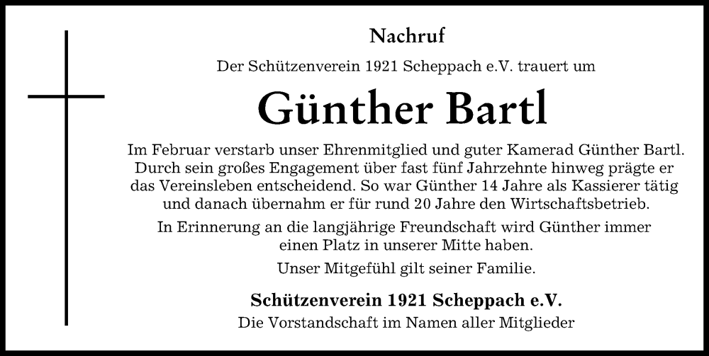 Traueranzeige von Günther Bartl von Günzburger Zeitung