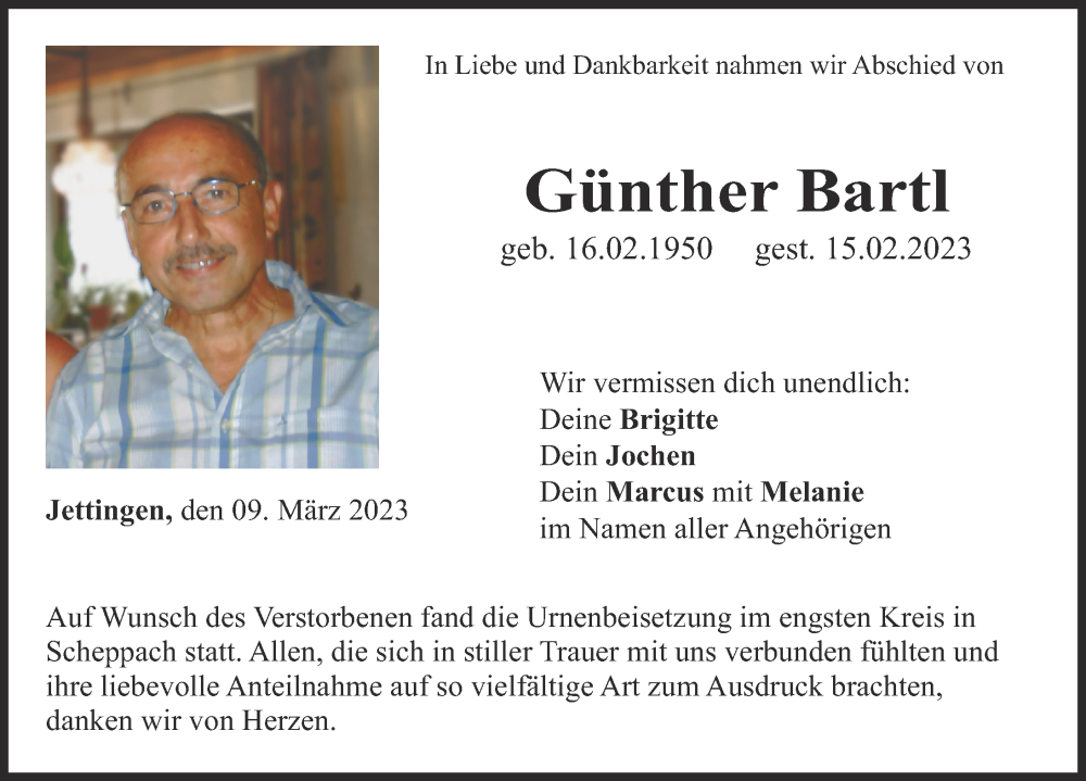 Traueranzeige von Günther Bartl von Günzburger Zeitung