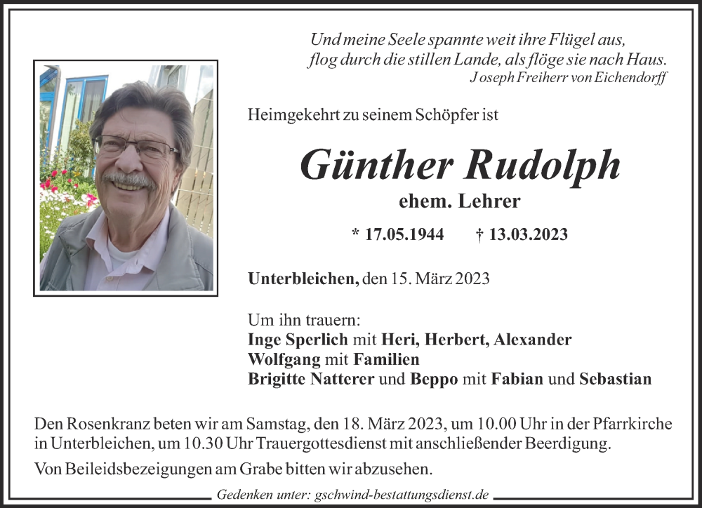  Traueranzeige für Günther Rudolph vom 15.03.2023 aus Mittelschwäbische Nachrichten