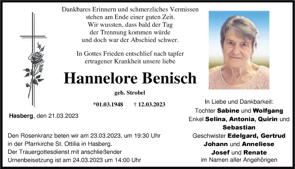  Traueranzeige für Hannelore Benisch vom 21.03.2023 aus Mindelheimer Zeitung, Mittelschwäbische Nachrichten