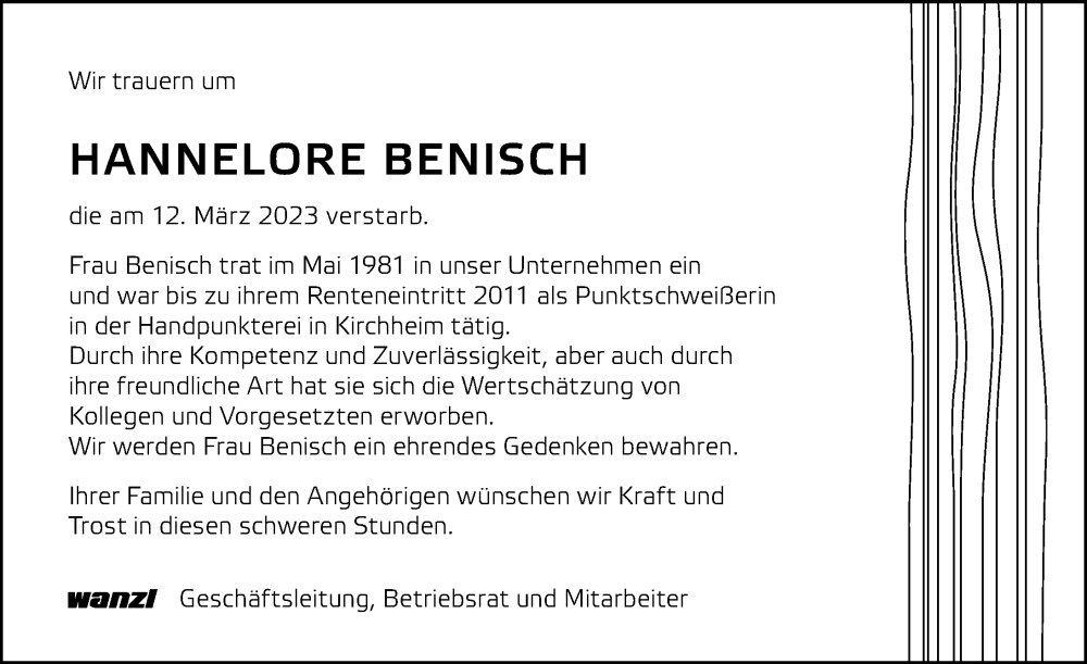  Traueranzeige für Hannelore Benisch vom 25.03.2023 aus Mindelheimer Zeitung