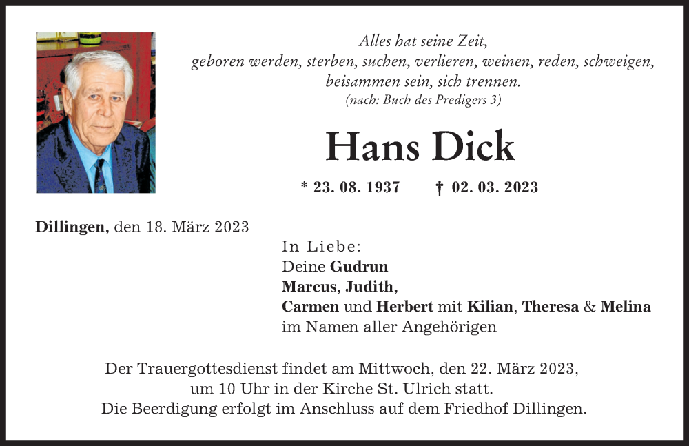  Traueranzeige für Hans Dick vom 18.03.2023 aus Donau Zeitung