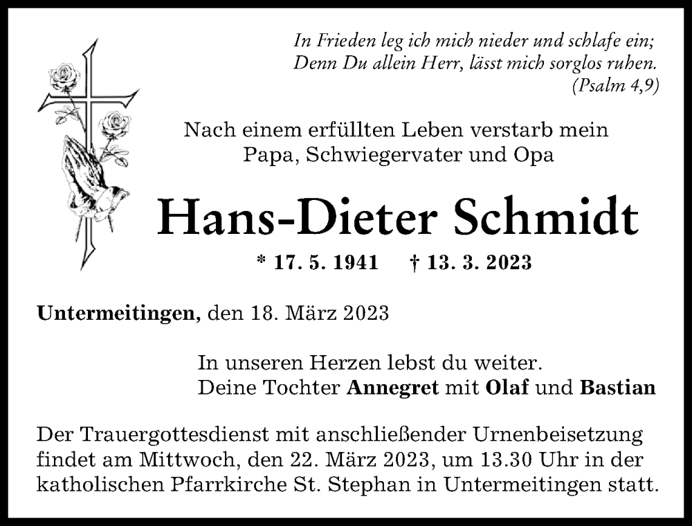 Traueranzeige für Hans-Dieter Schmidt vom 18.03.2023 aus Schwabmünchner Allgemeine