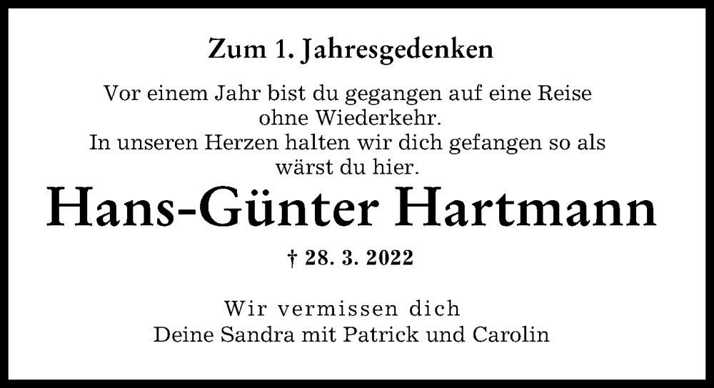 Traueranzeige von Hans-Günter Hartmann von Schwabmünchner Allgemeine