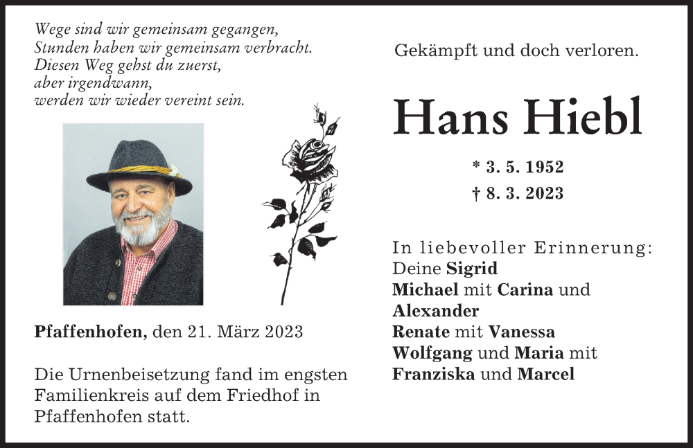  Traueranzeige für Hans Hiebl vom 21.03.2023 aus Neu-Ulmer Zeitung